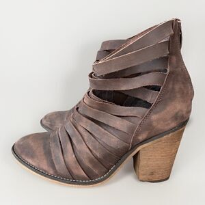 Free People Hybrid Heel Ankle Boot Strappy Size 7.5 Brown Leather Western